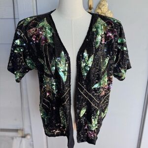 Vintage Black Sequin Silk Cardigan with Green Floral Sequin Accents
